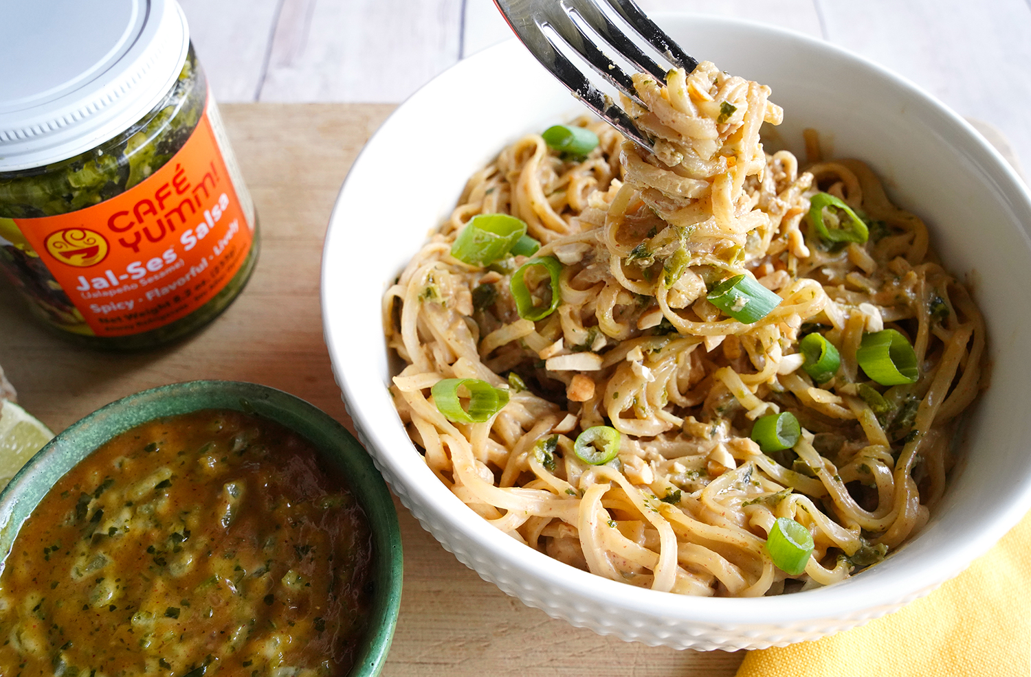 Spicy Noodle with peanut and Jal-Ses Yumm! Salsa